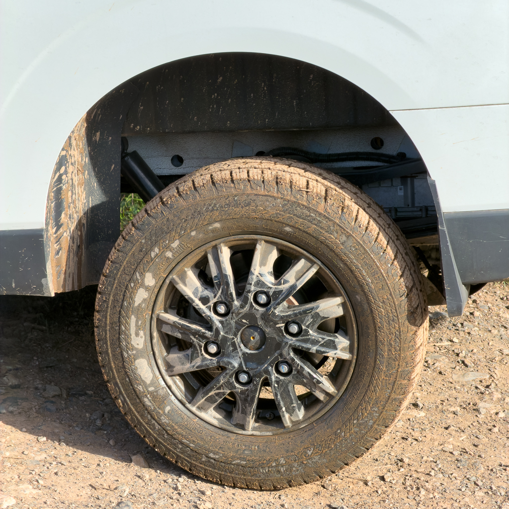 Close-up of a muddy vehicle tire with an alloy wheel, partially obscured by a dirty wheel arch.